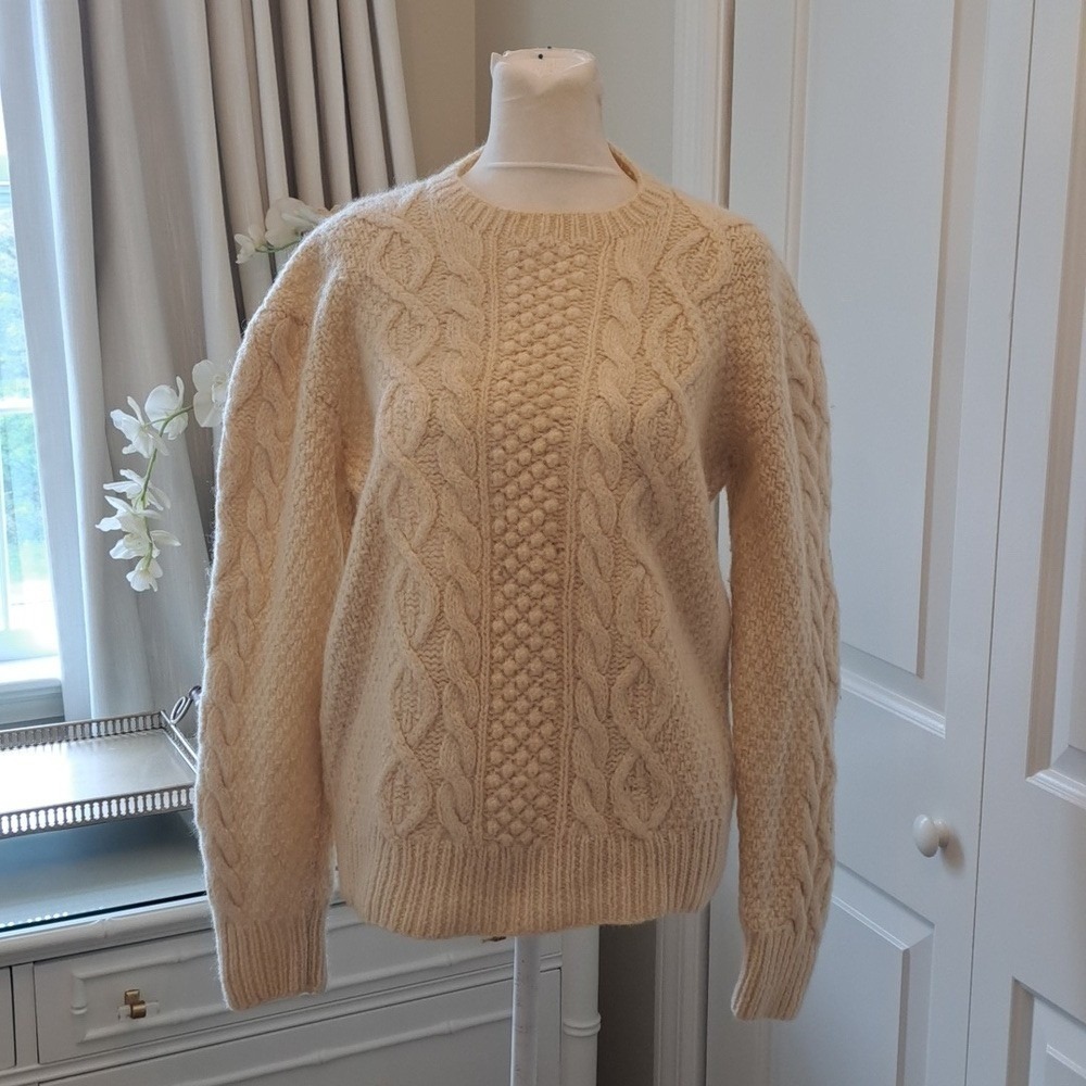 Britches Womens Vintage 100% Ivory Wool Irish Fisherman Cable‎ Knit Sweater LG